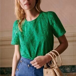 SéZane Annabelle Blouse Eyelet Embroidered Organic Cotton Top - 8 Green